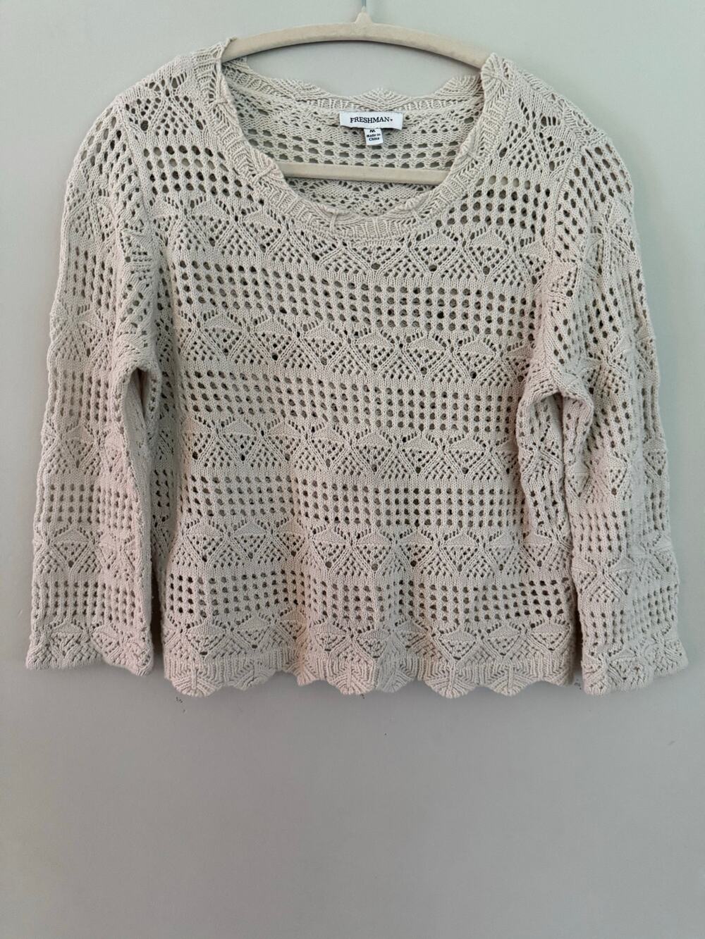 Freshman Open Knit Crochet Sweater Off White Boho Cottagecore‎ Size M